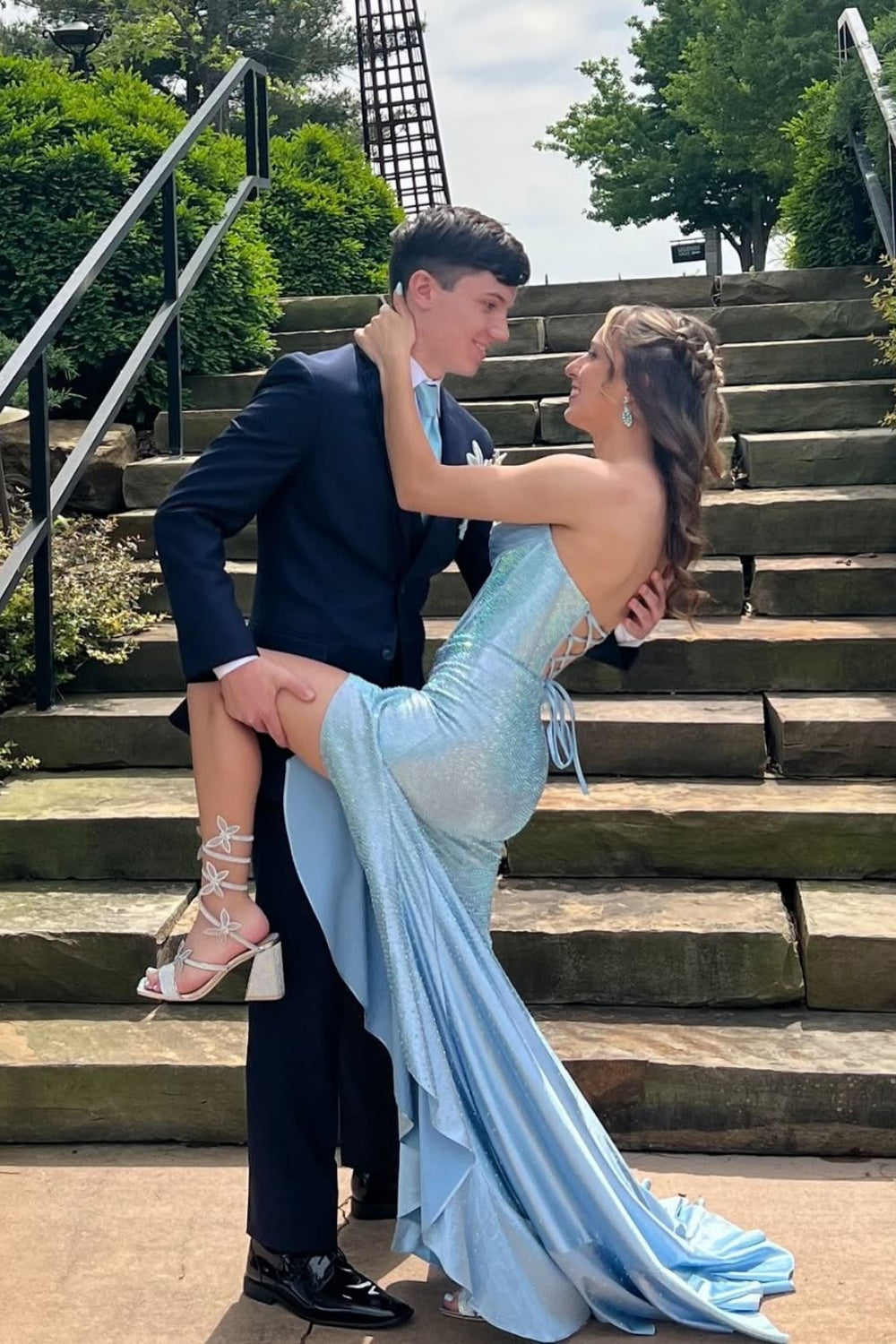 Blue Strapless Beaded Ruffle Fitted Long Prom Dress with Slit