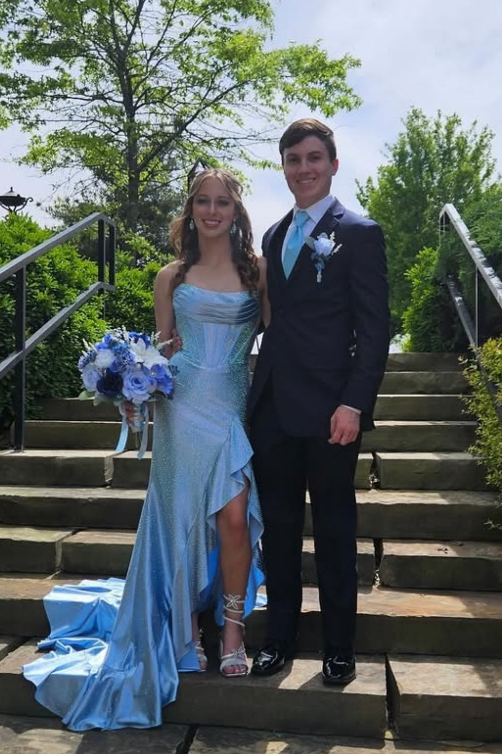 Blue Strapless Beaded Ruffle Fitted Long Prom Dress with Slit