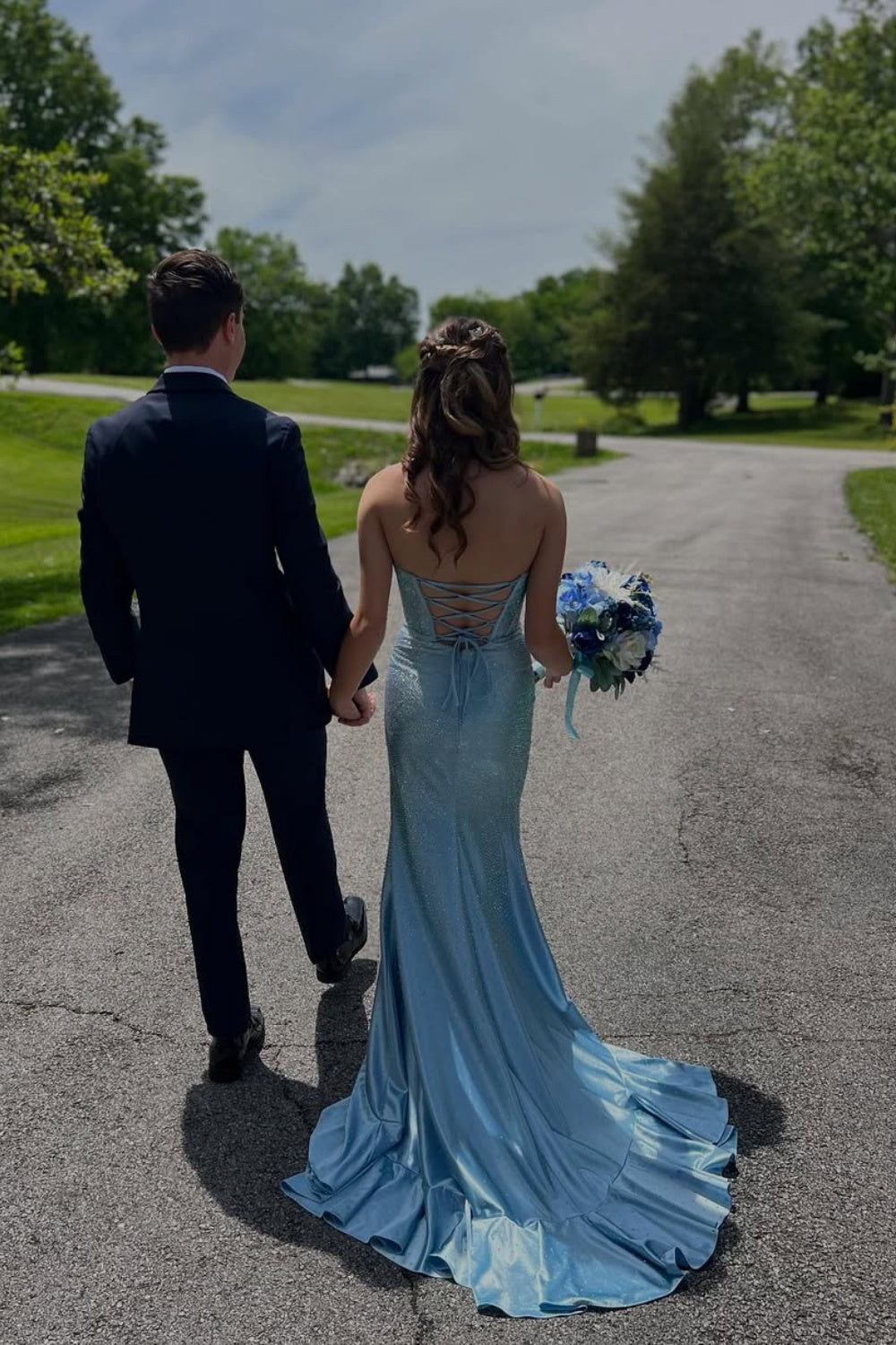Blue Strapless Beaded Ruffle Fitted Long Prom Dress with Slit