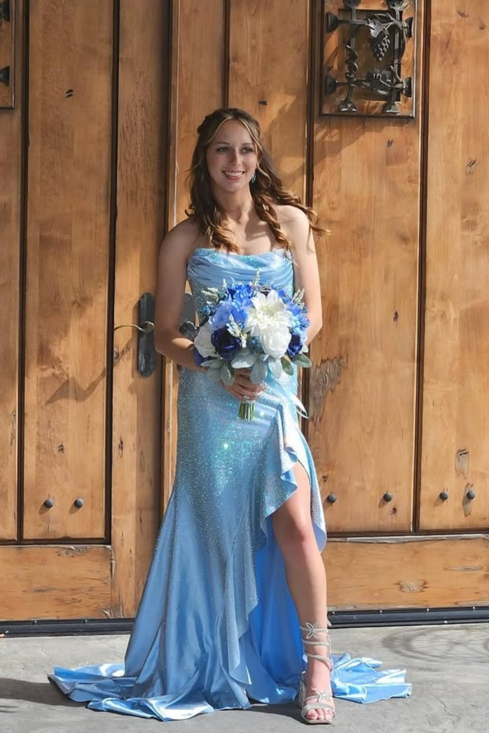 Blue Strapless Beaded Ruffle Fitted Long Prom Dress with Slit