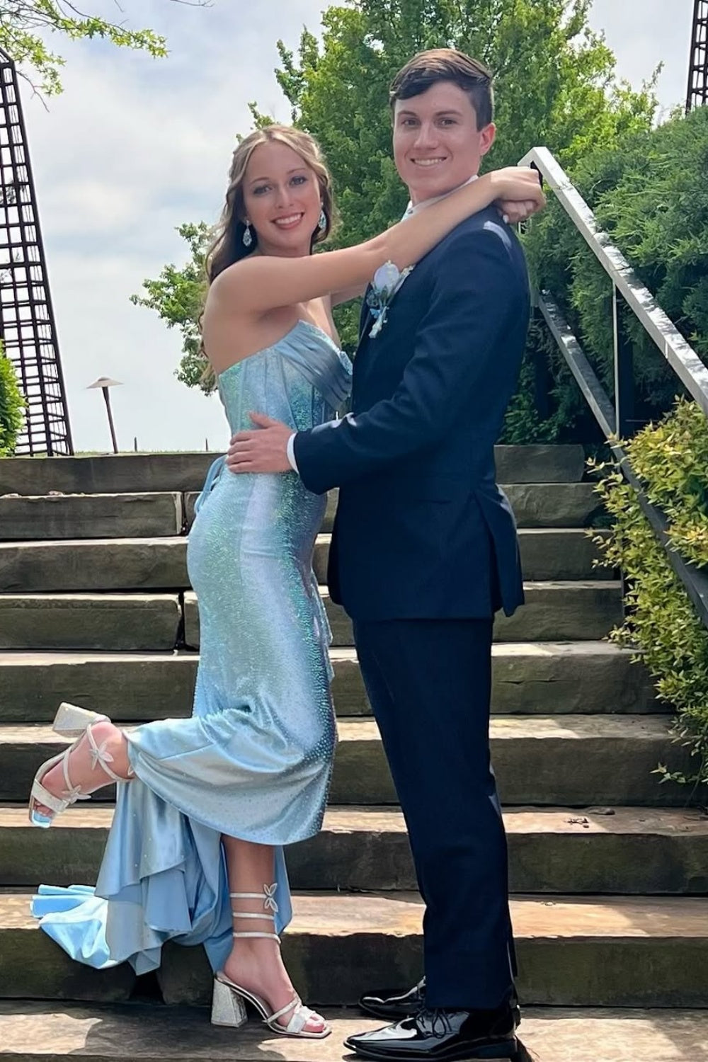 Blue Strapless Beaded Ruffle Fitted Long Prom Dress with Slit