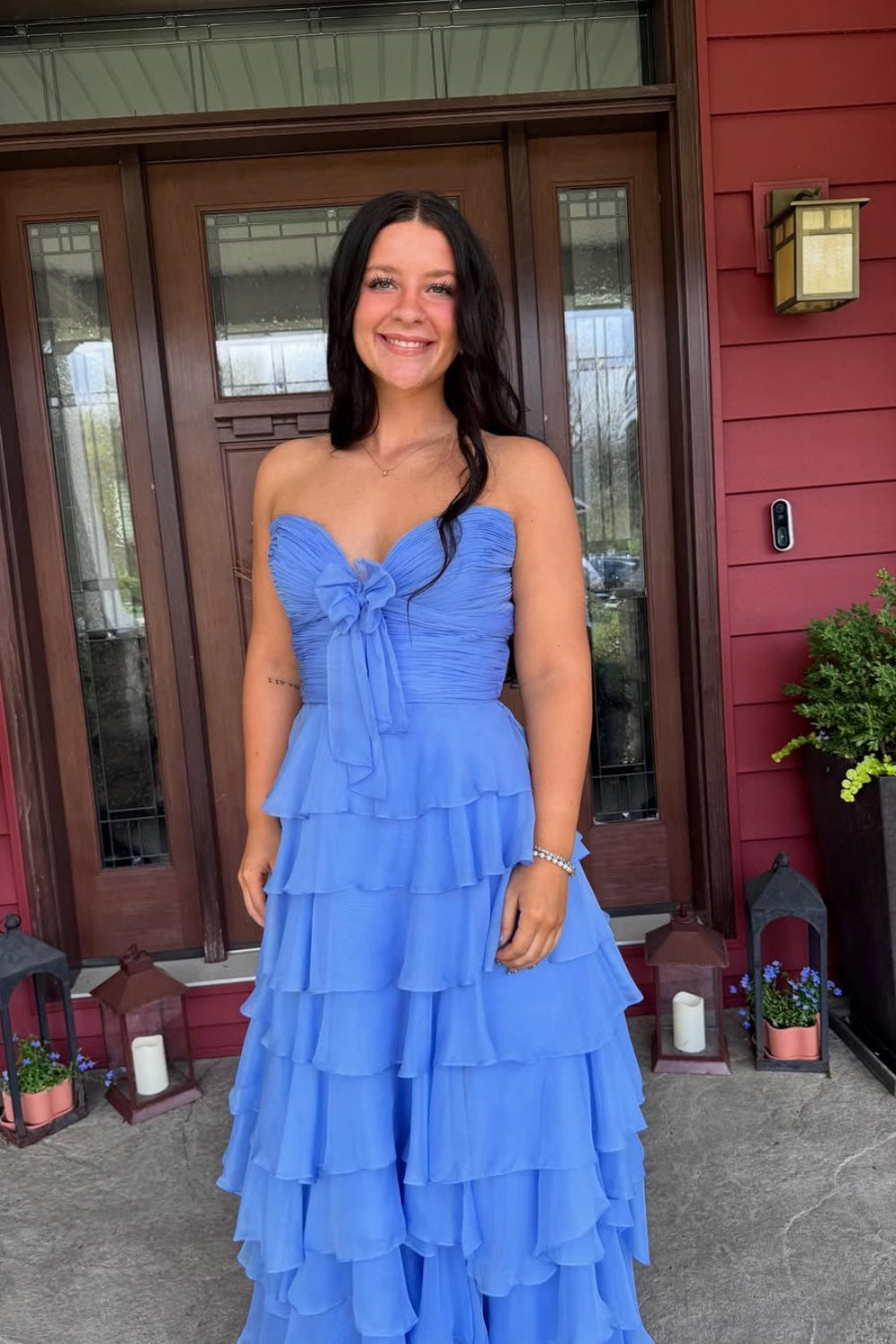 V-neck Ruffle Bow Chiffon Long Dress in Blue