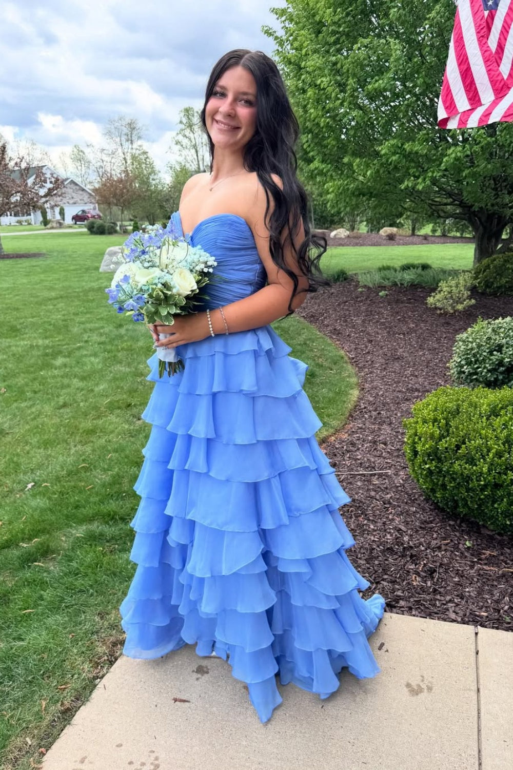 V-neck Ruffle Bow Chiffon Long Dress in Blue