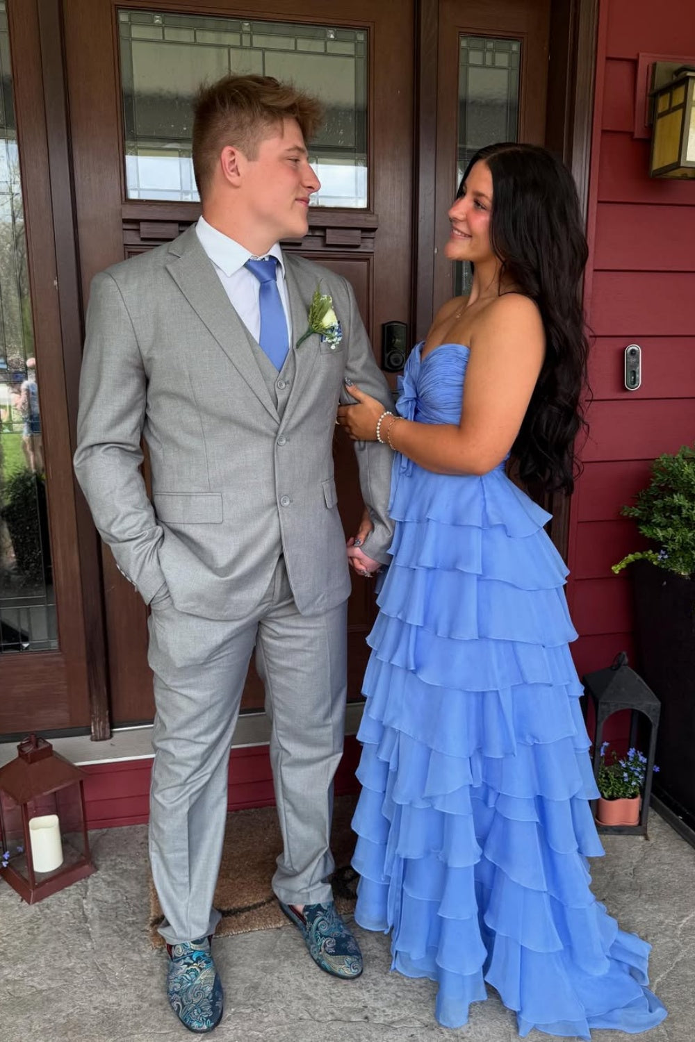 V-neck Ruffle Bow Chiffon Long Dress in Blue