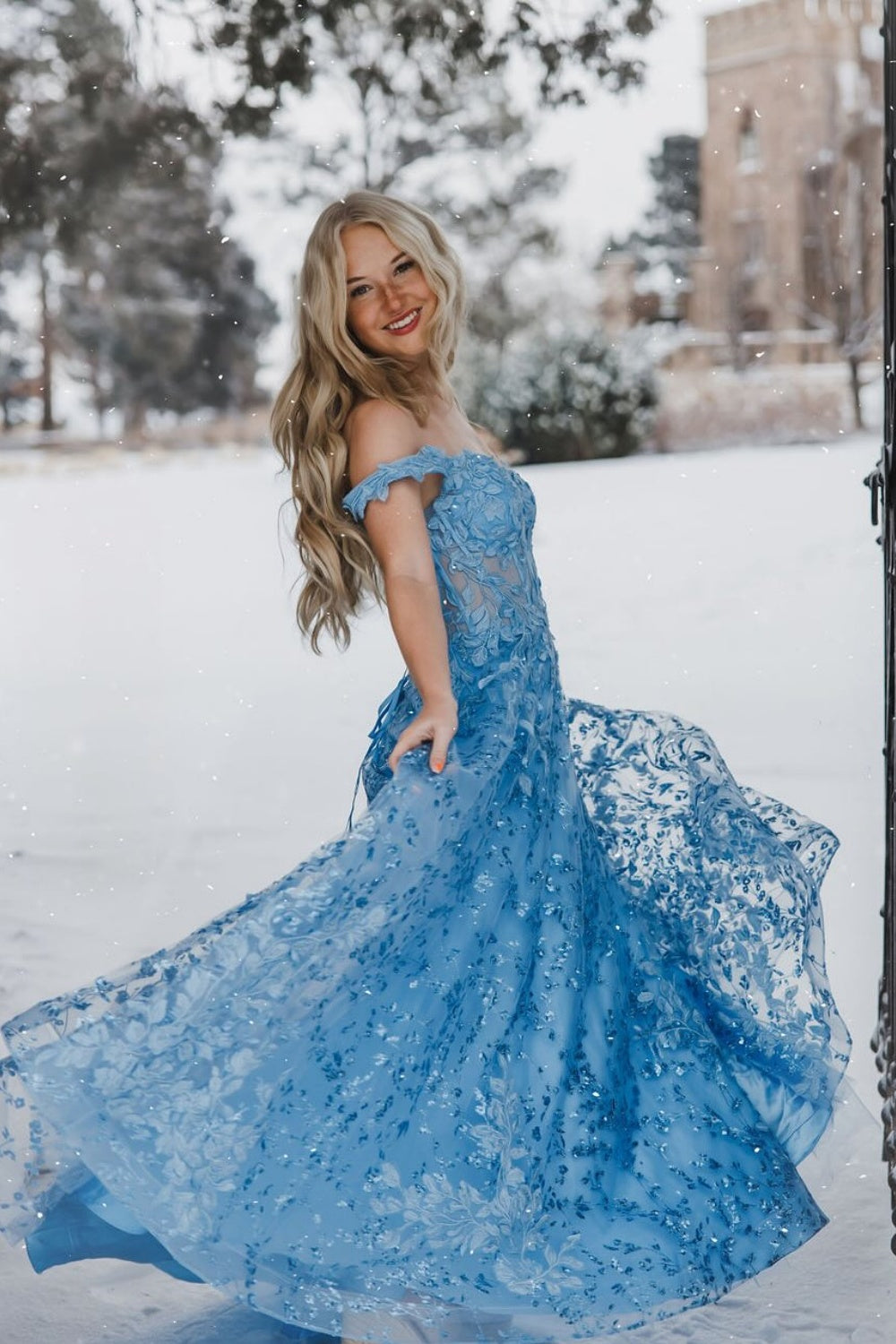 Off-the-shoulder Lace Applique Illusion Lace-up Long Dress