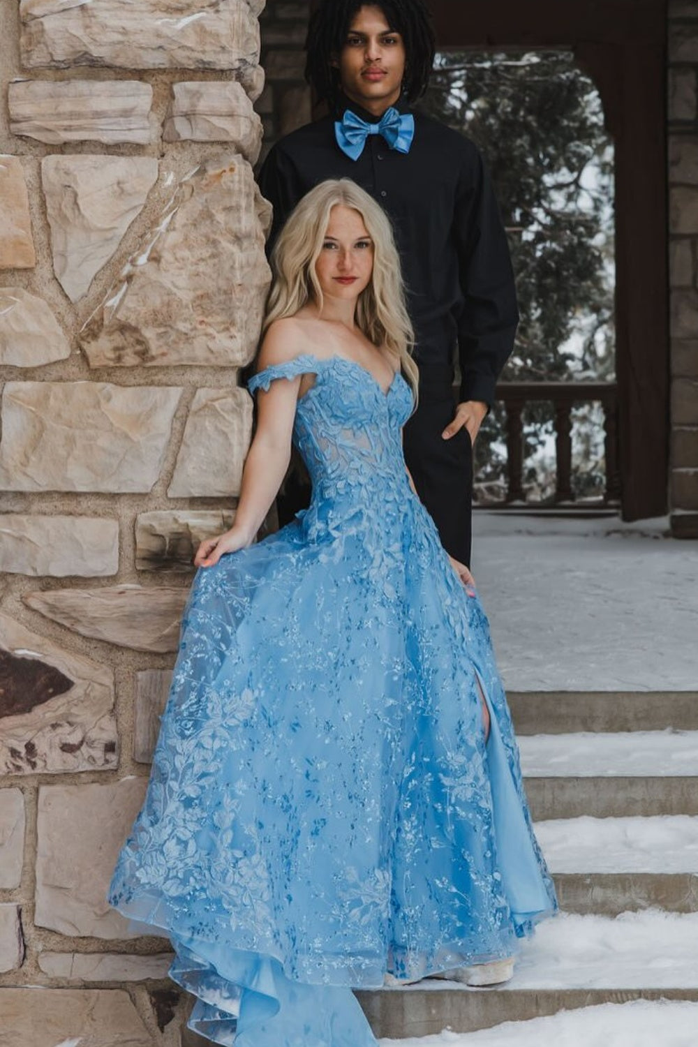 Off-the-shoulder Lace Applique Illusion Lace-up Long Dress