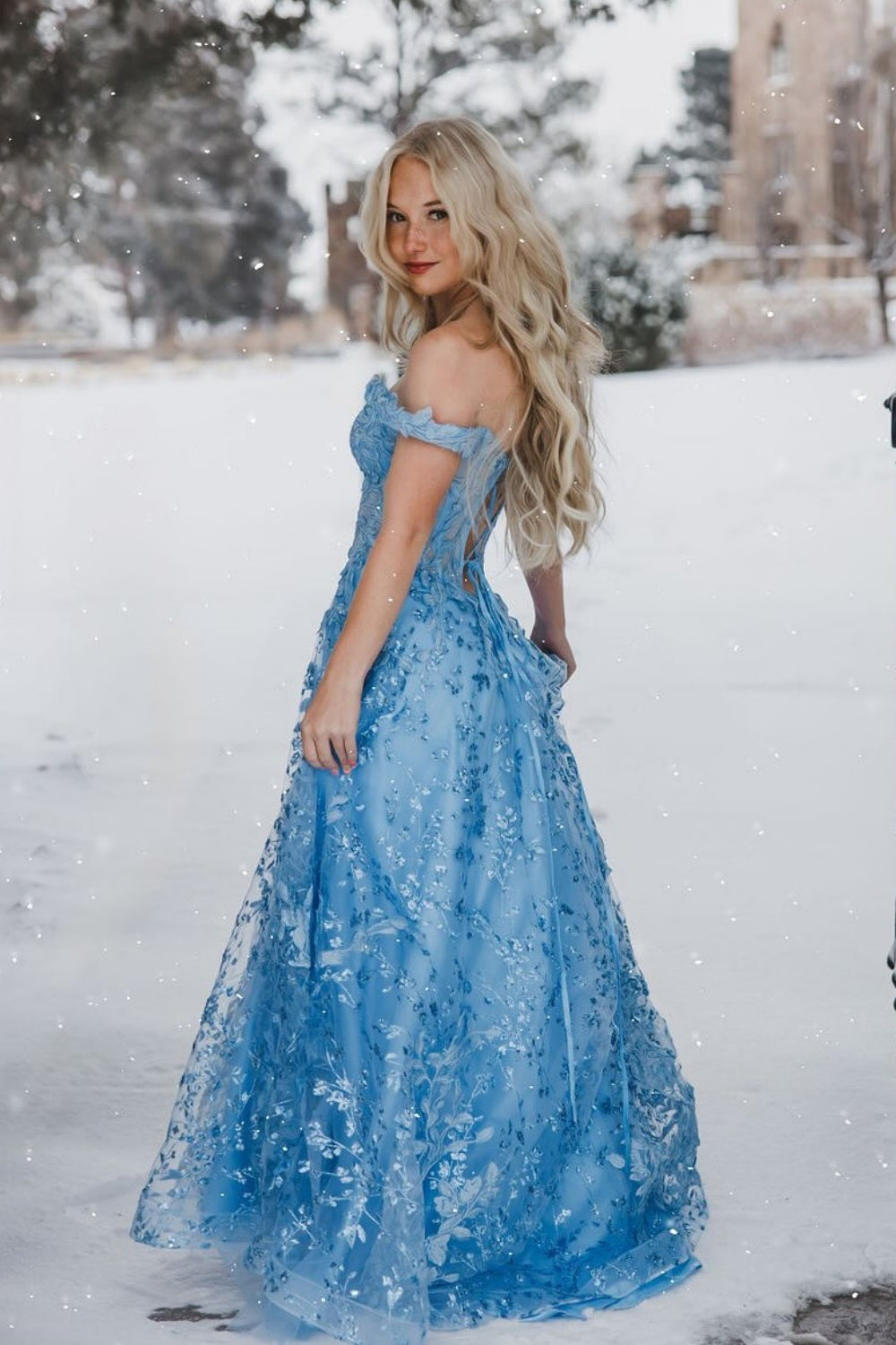 Off-the-shoulder Lace Applique Illusion Lace-up Long Dress
