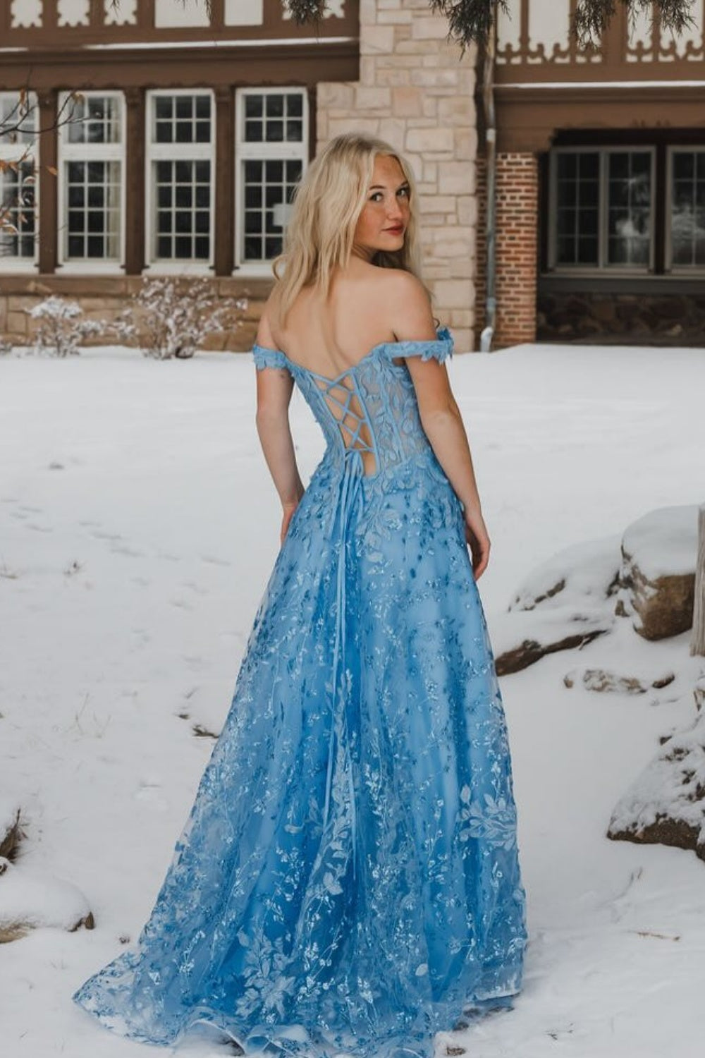 Off-the-shoulder Lace Applique Illusion Lace-up Long Dress