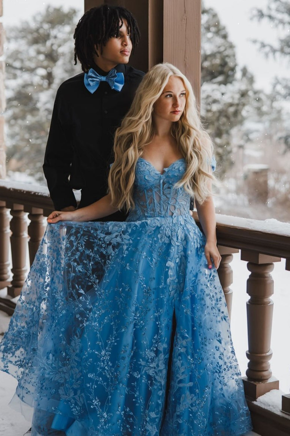 Off-the-shoulder Lace Applique Illusion Lace-up Long Dress