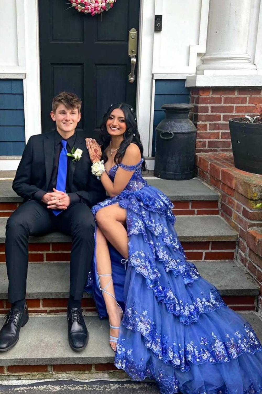 Purple Off-the-shoulder Sequin Ruffle Prom Dress