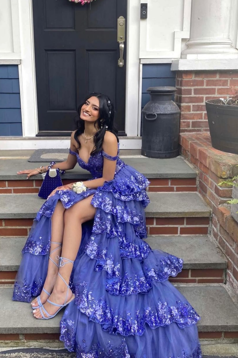 Purple Off-the-shoulder Sequin Ruffle Prom Dress