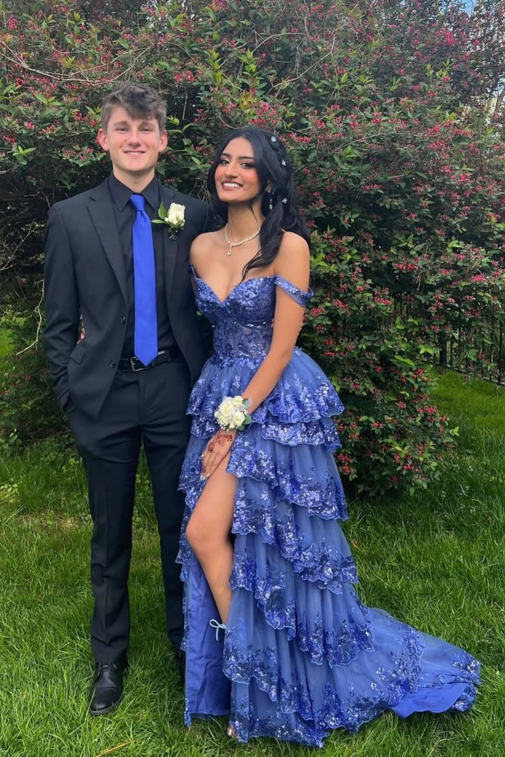 Purple Off-the-shoulder Sequin Ruffle Prom Dress