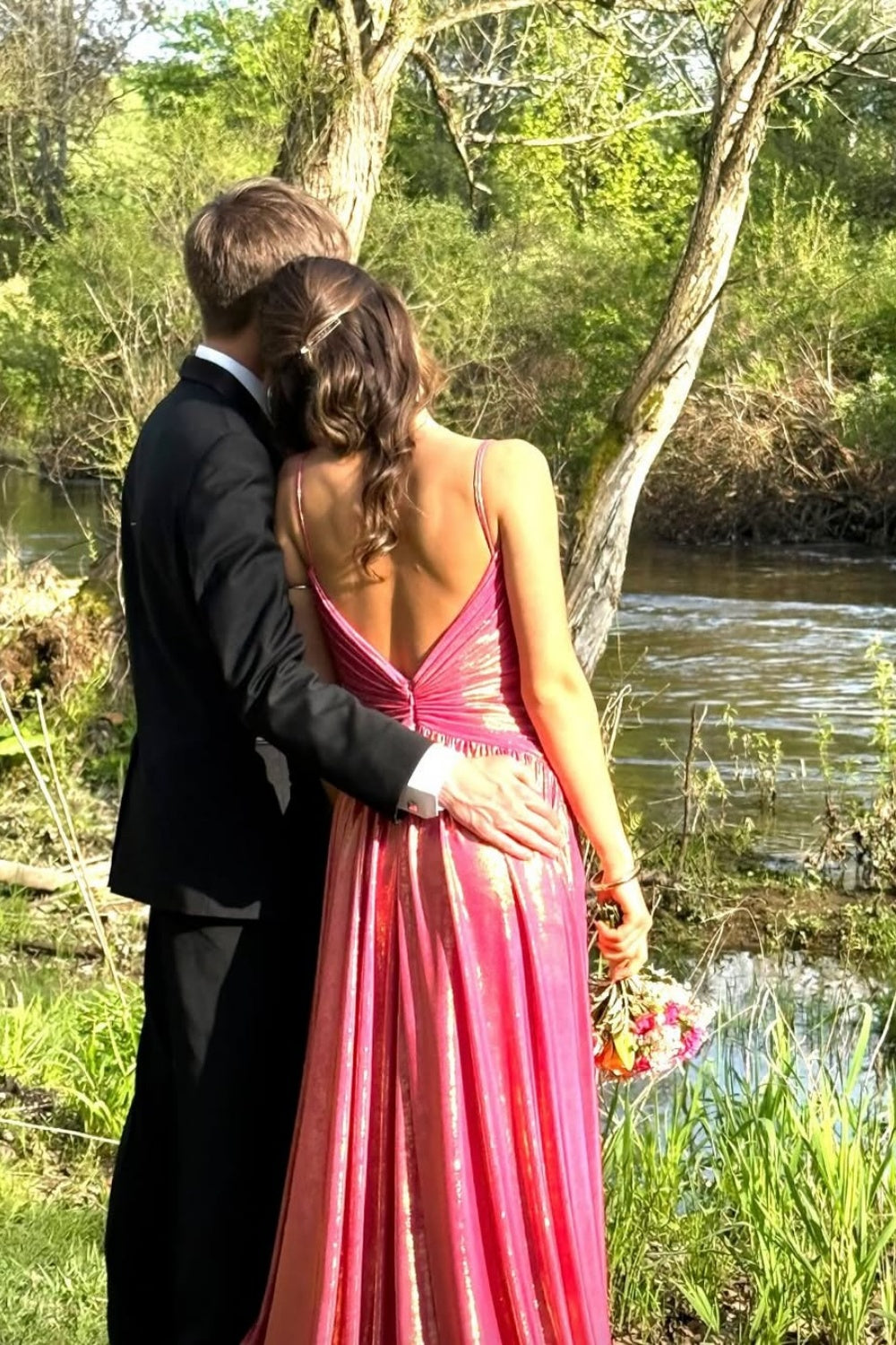 Coral Metallic Twisted Spaghetti Strap Long Prom Gown