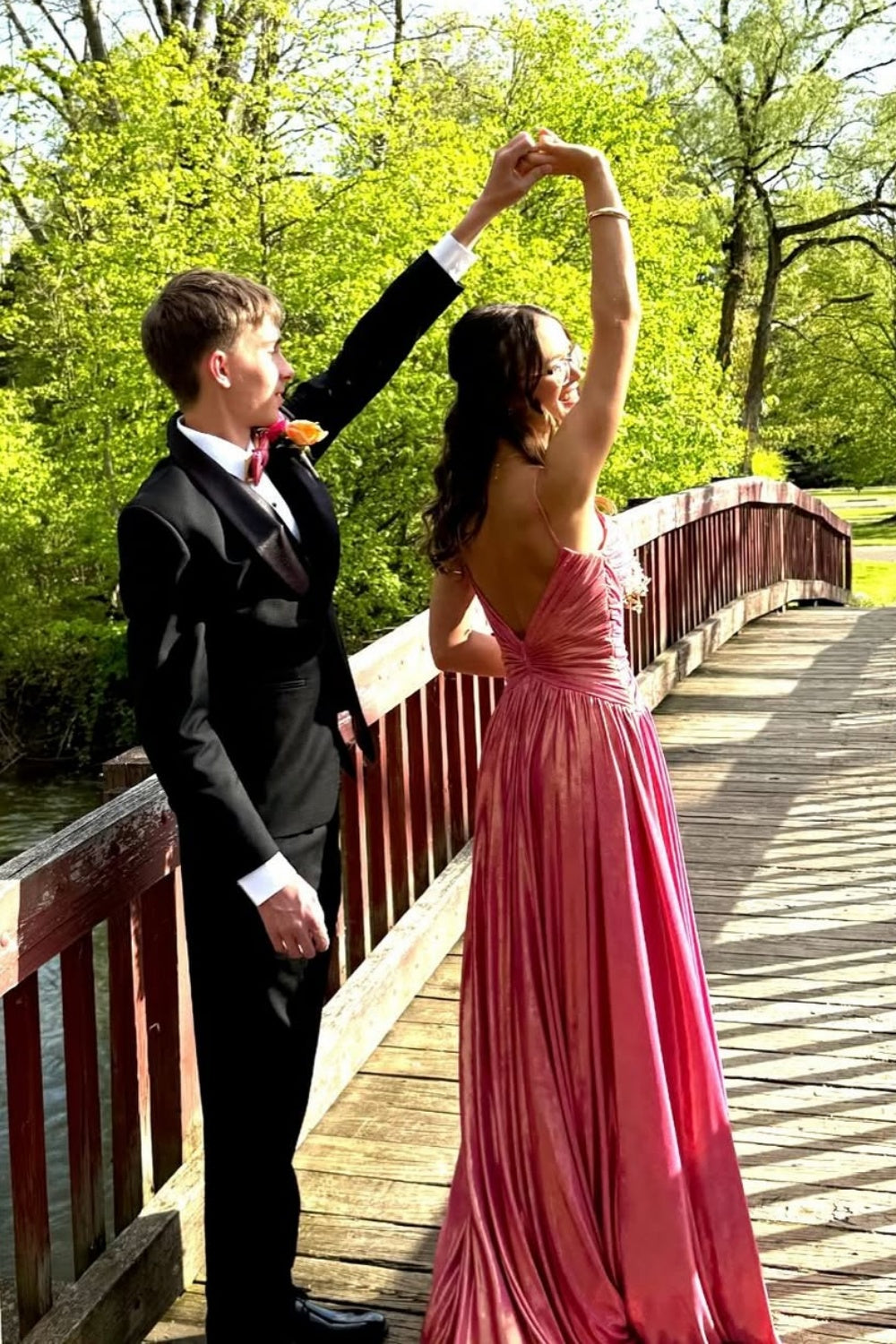 Coral Metallic Twisted Spaghetti Strap Long Prom Gown