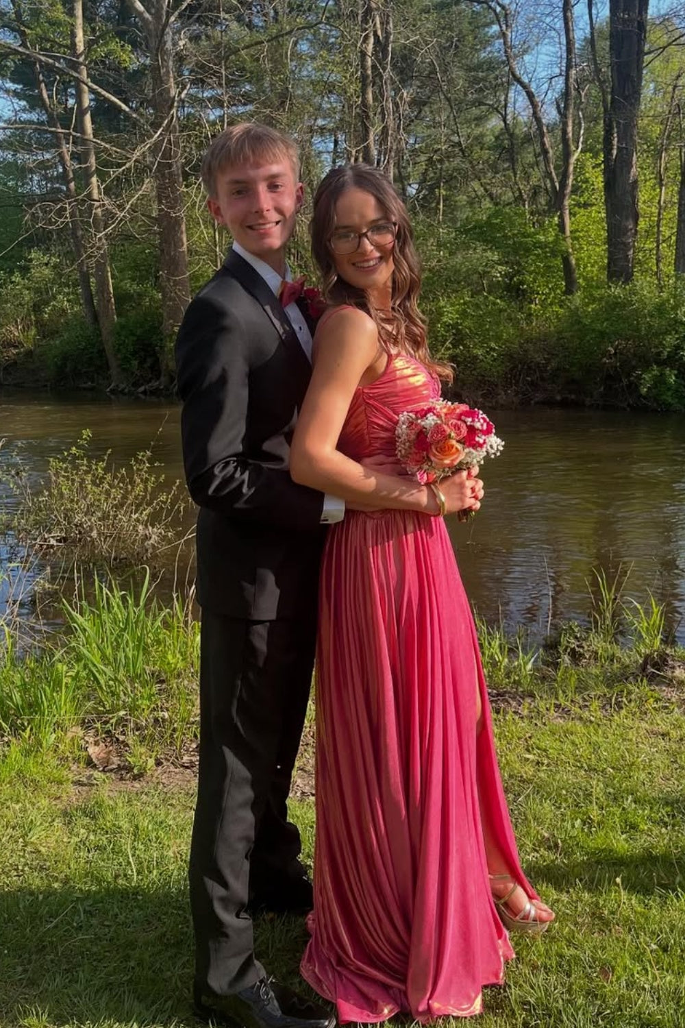 Coral Metallic Twisted Spaghetti Strap Long Prom Gown