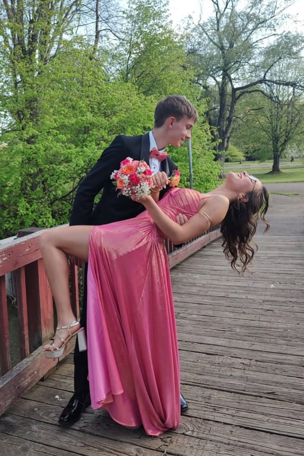 Coral Metallic Twisted Spaghetti Strap Long Prom Gown