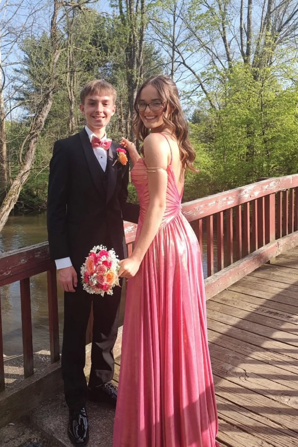 Coral Metallic Twisted Spaghetti Strap Long Prom Gown