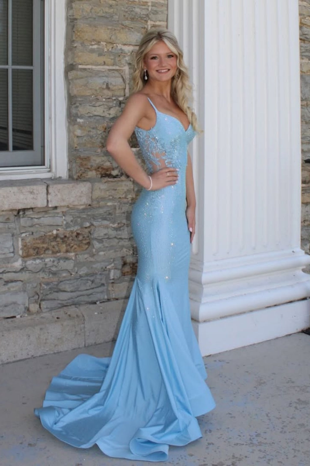 Spaghetti Strap Ice Blue Illusion Sequin Mermaid Prom Dress