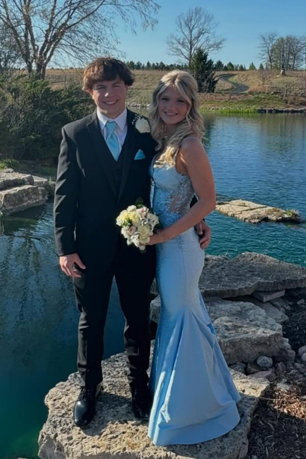 Spaghetti Strap Ice Blue Illusion Sequin Mermaid Prom Dress