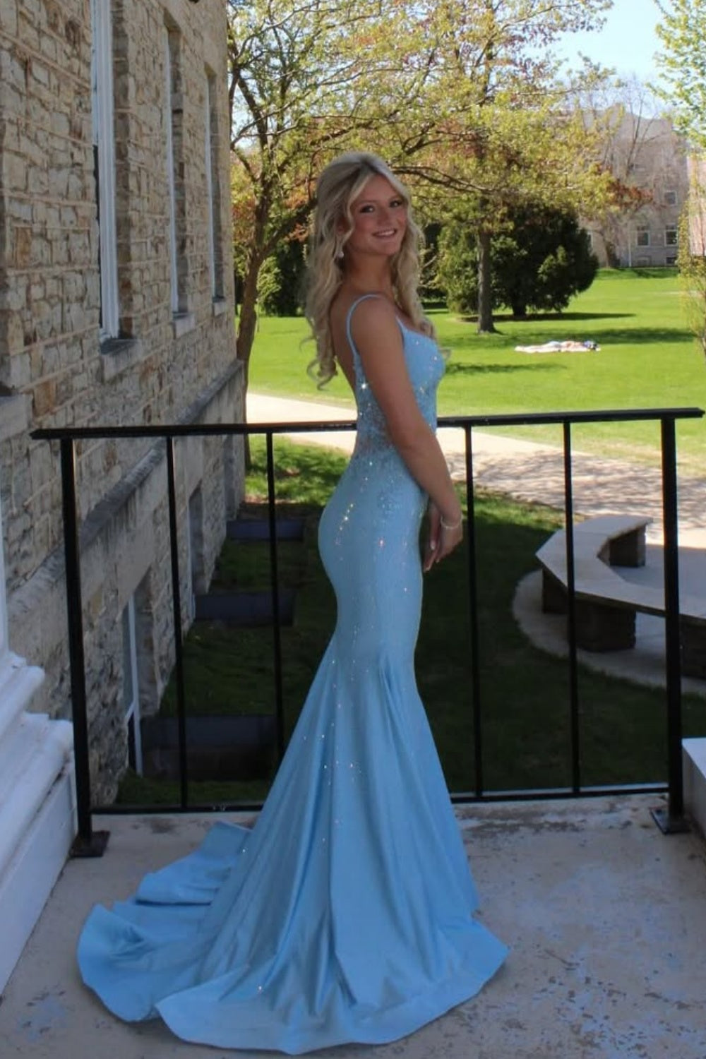 Spaghetti Strap Ice Blue Illusion Sequin Mermaid Prom Dress