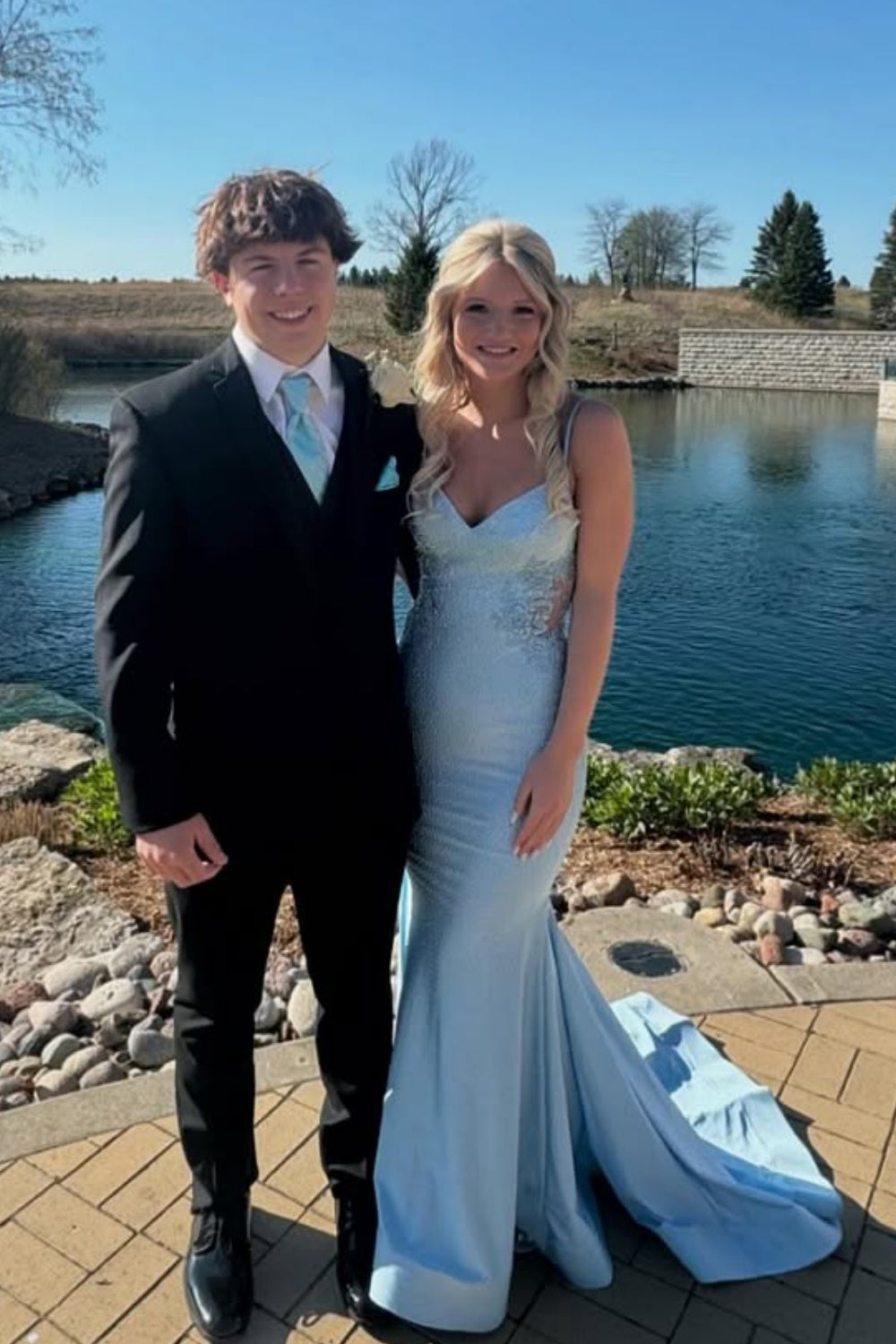 Spaghetti Strap Ice Blue Illusion Sequin Mermaid Prom Dress