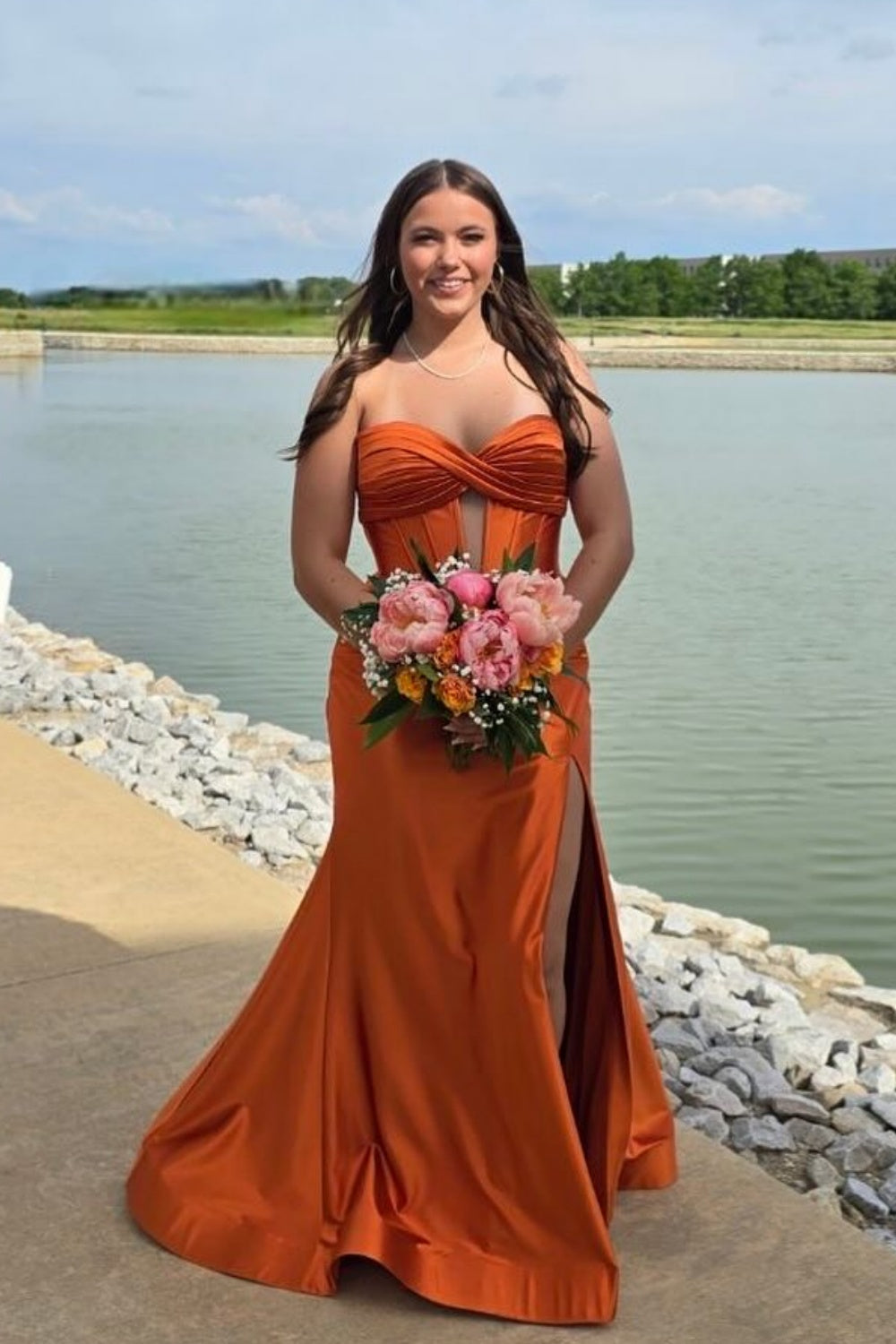 Strapless Orange Mermaid Prom Dress with Keyhole