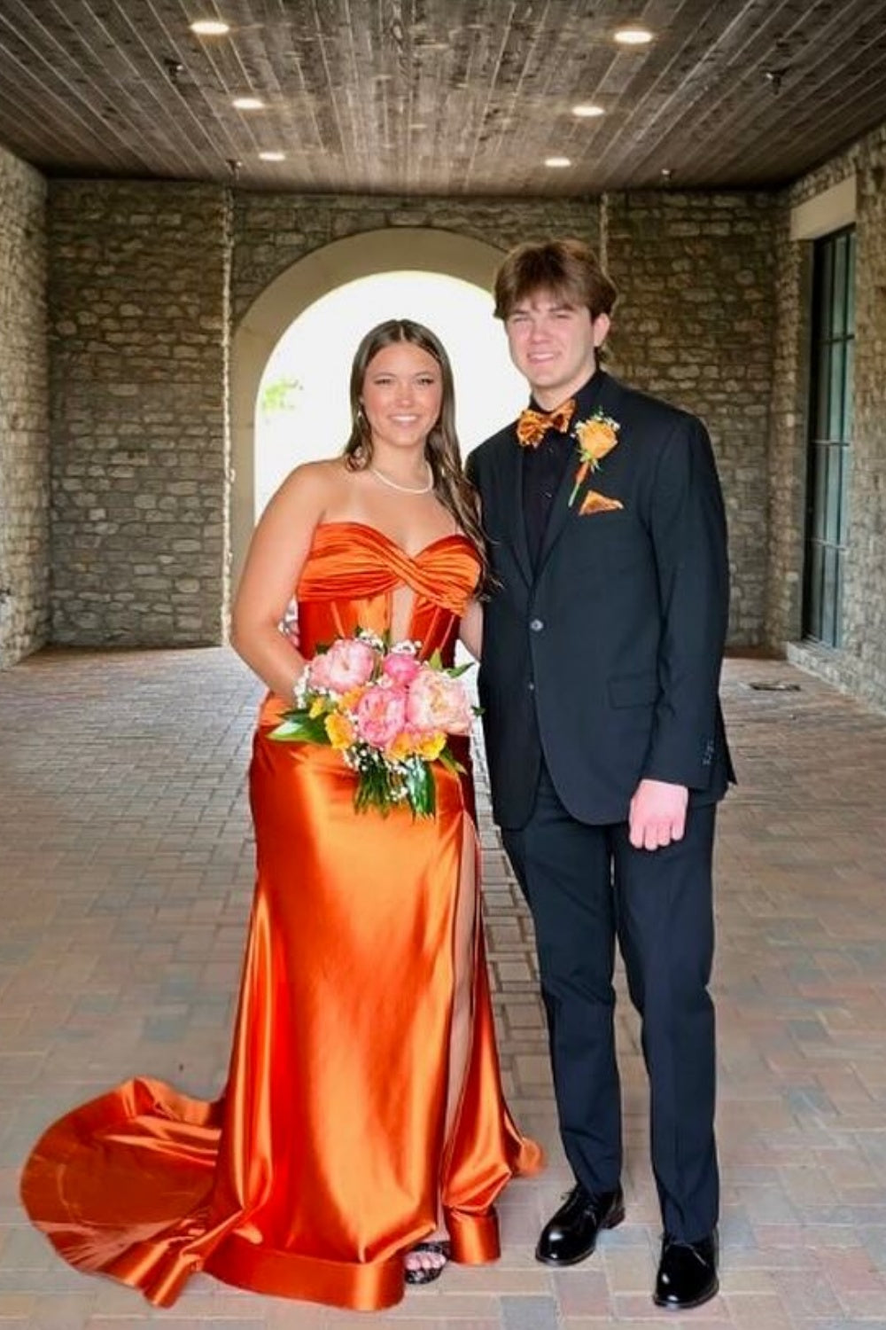 Strapless Orange Mermaid Prom Dress with Keyhole