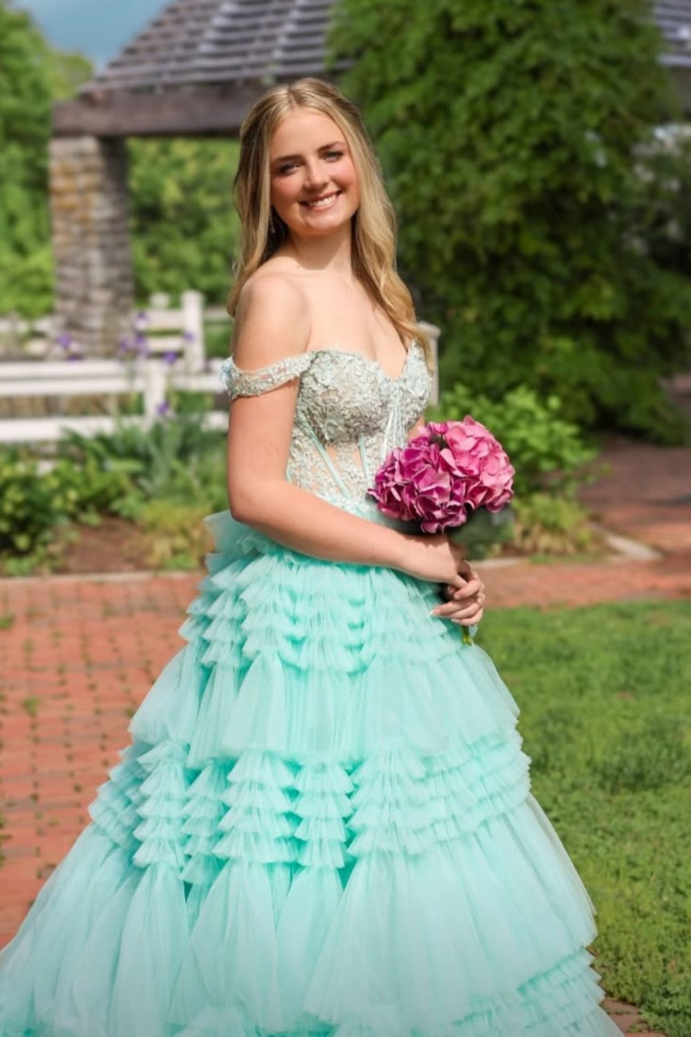Mint Straps Lace Applique Illusion Ruffle Floor Dress