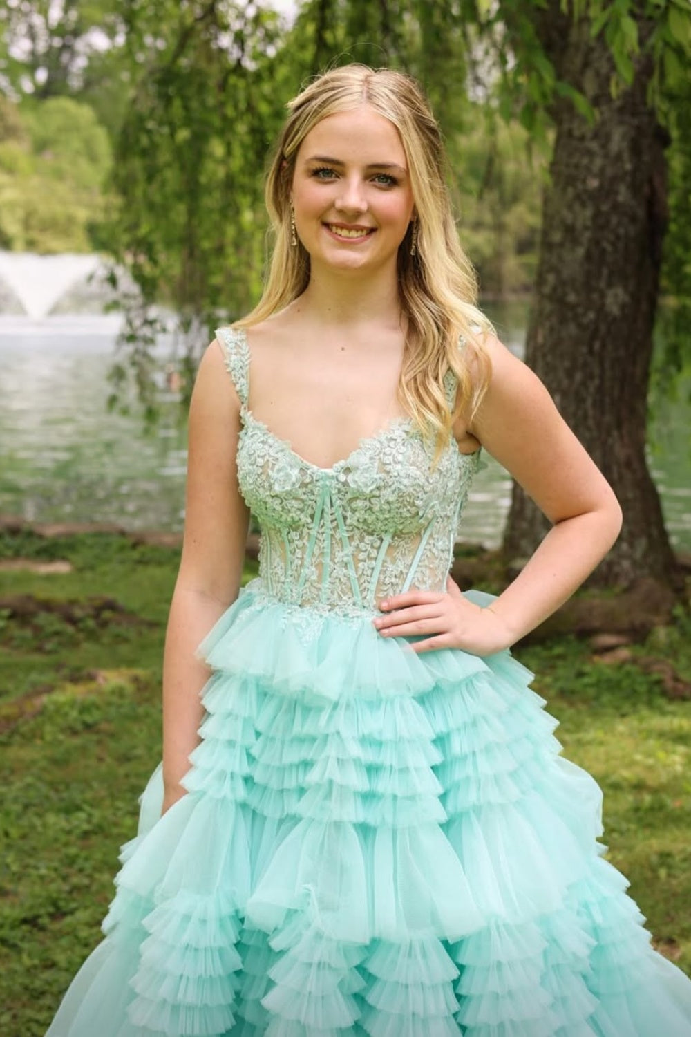 Mint Straps Lace Applique Illusion Ruffle Floor Dress