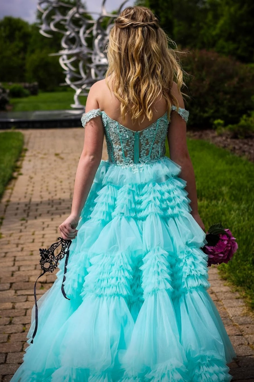 Mint Straps Lace Applique Illusion Ruffle Floor Dress