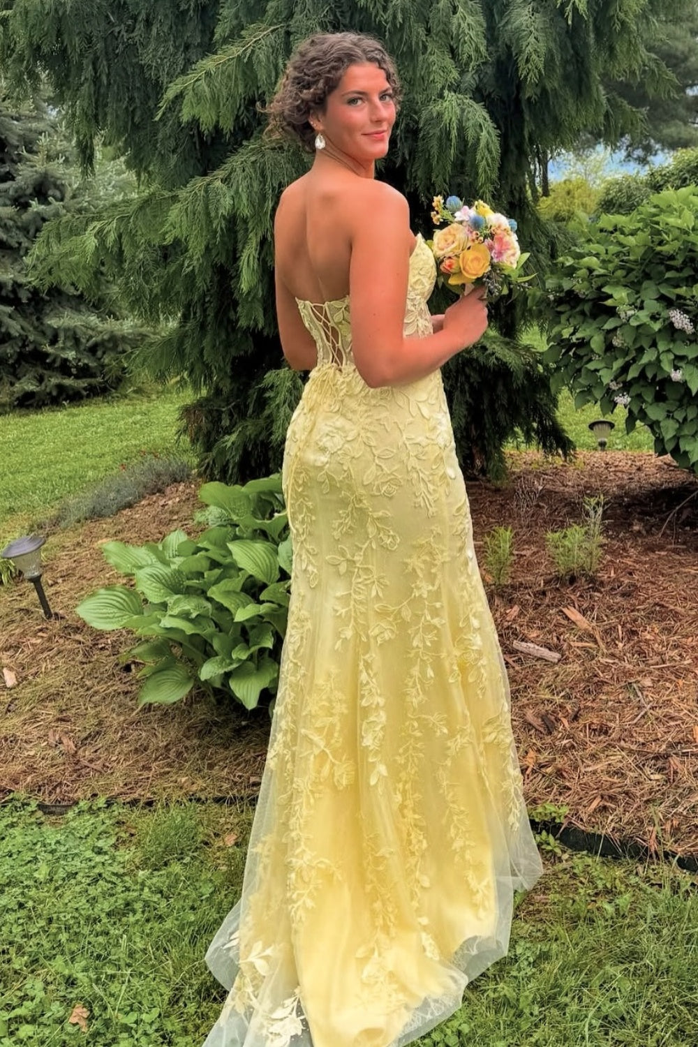 Sweetheart Yellow Lace Applique Illusion Tulle Dress with Slit