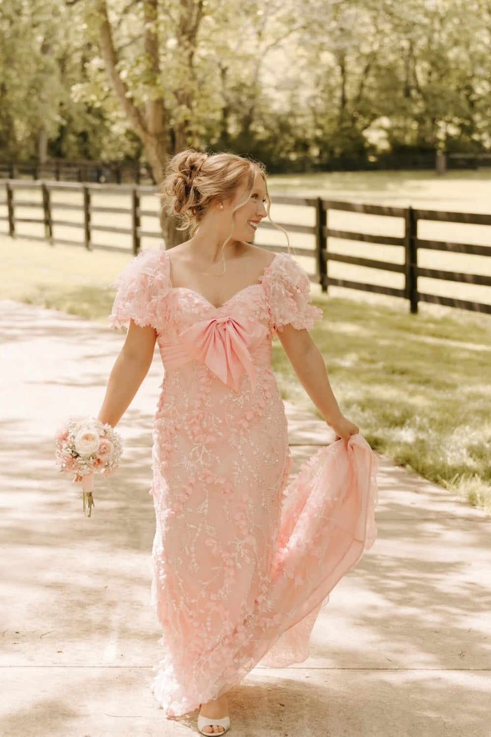 Pink Puff Sleeves Lace Applique Bow Floor Dress