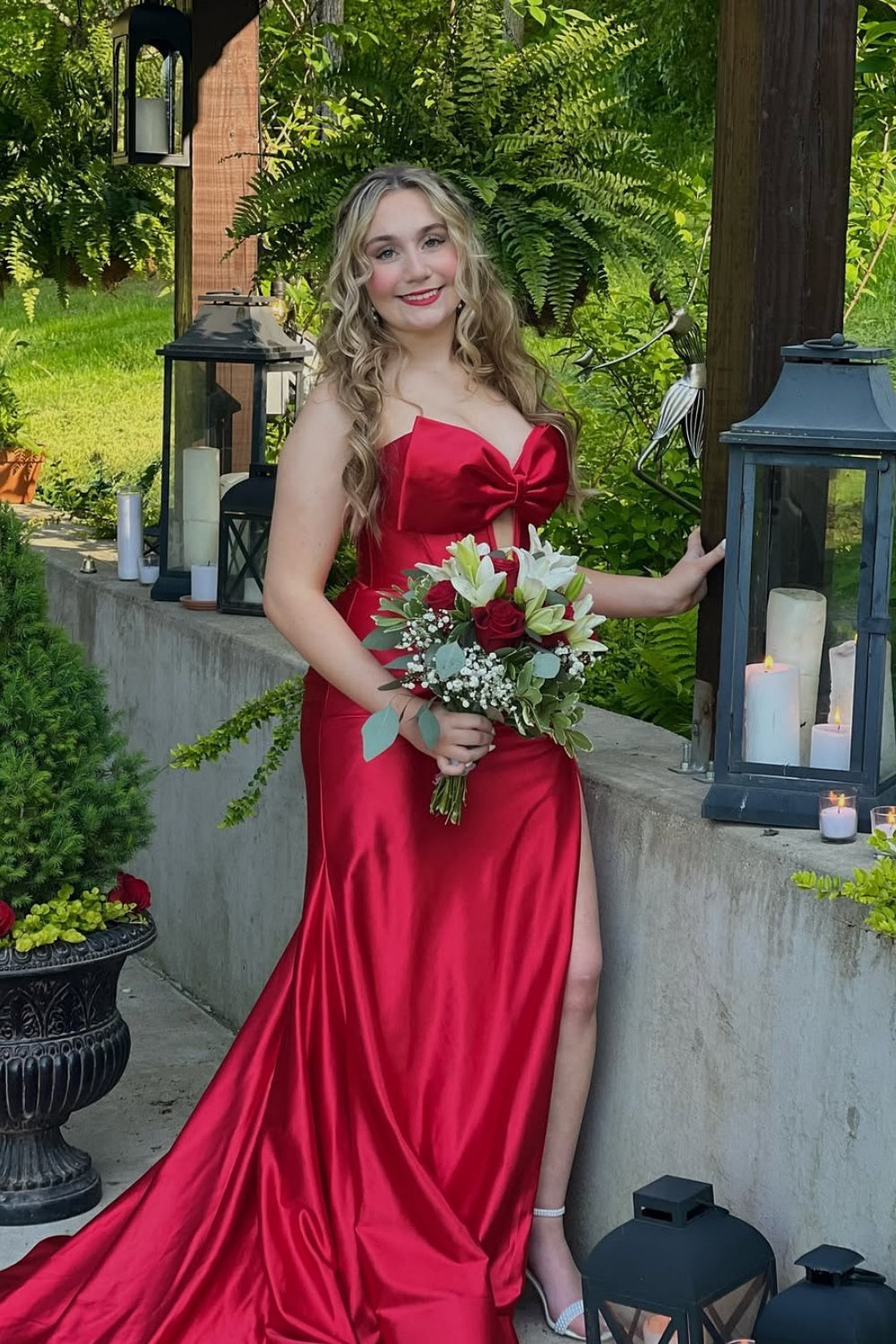 Red Strapless Bow Mermaid Long Dress with Keyhole