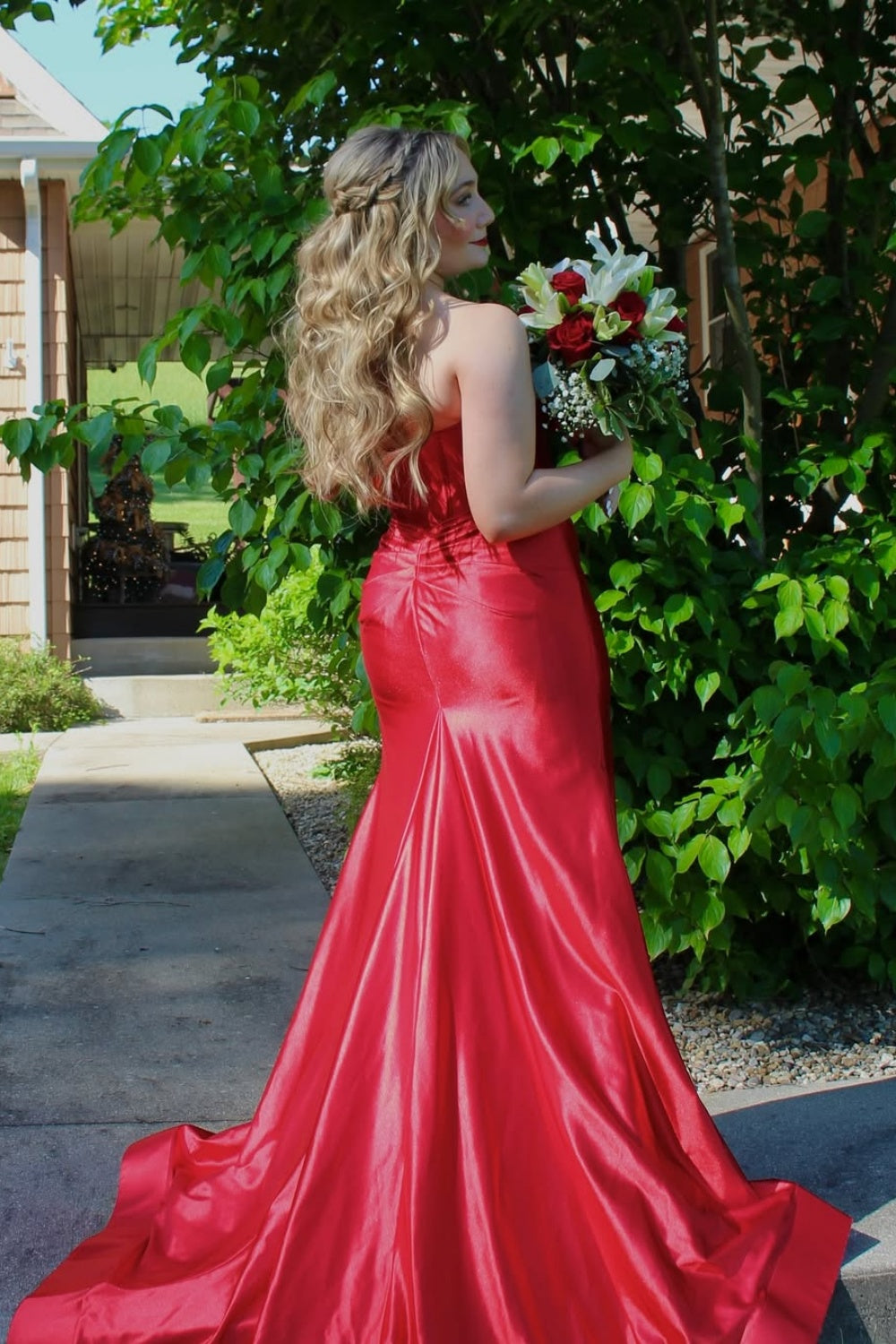 Red Strapless Bow Mermaid Long Dress with Keyhole
