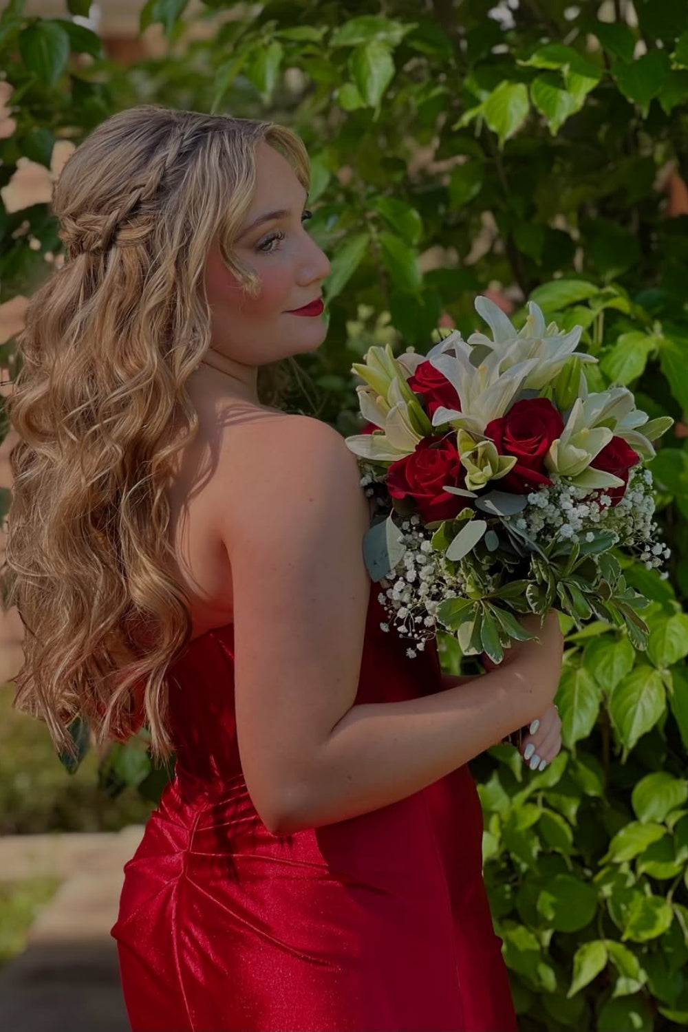 Red Strapless Bow Mermaid Long Dress with Keyhole