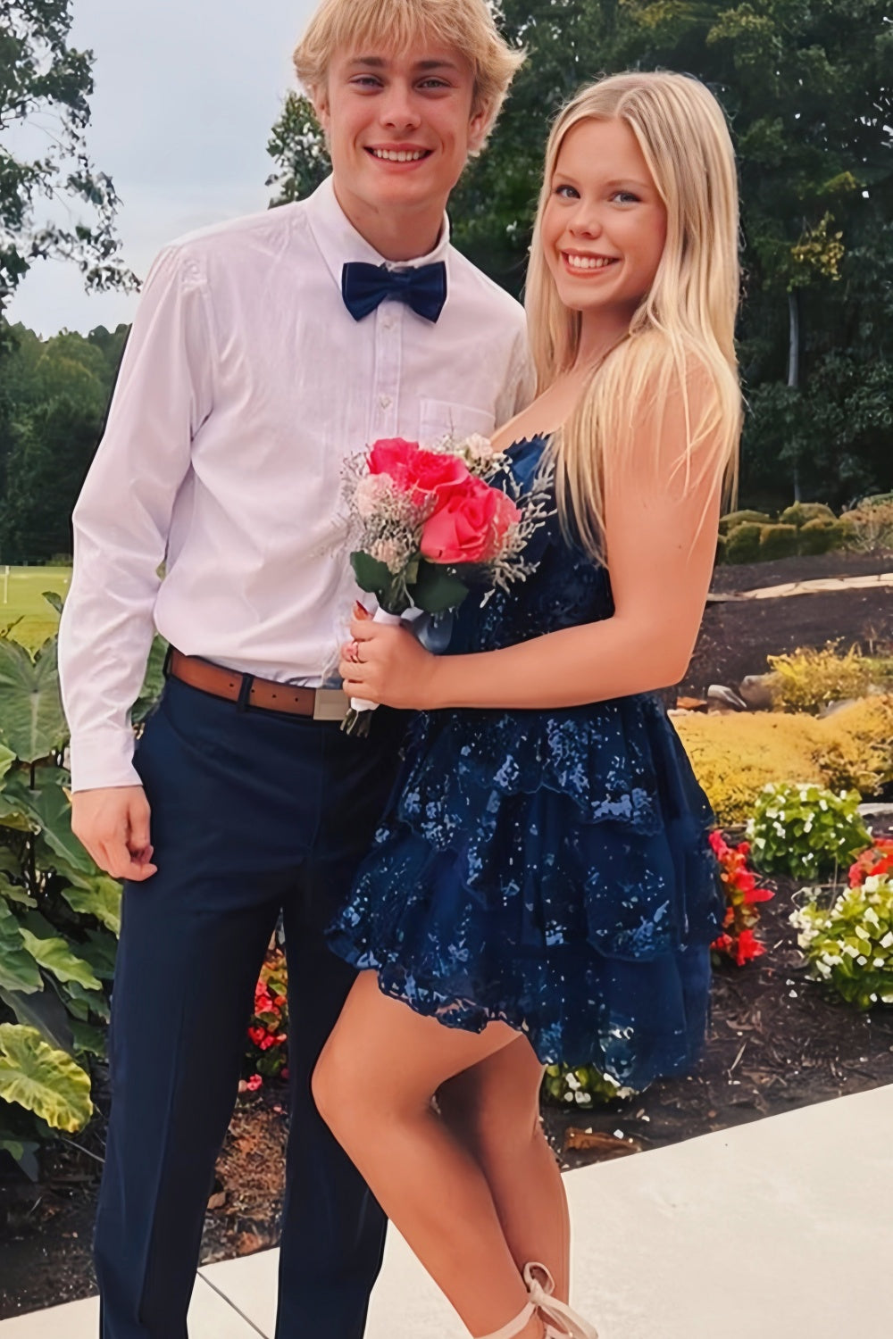 Navy Blue Off The Shoulder Lace Short Homecoming Dress
