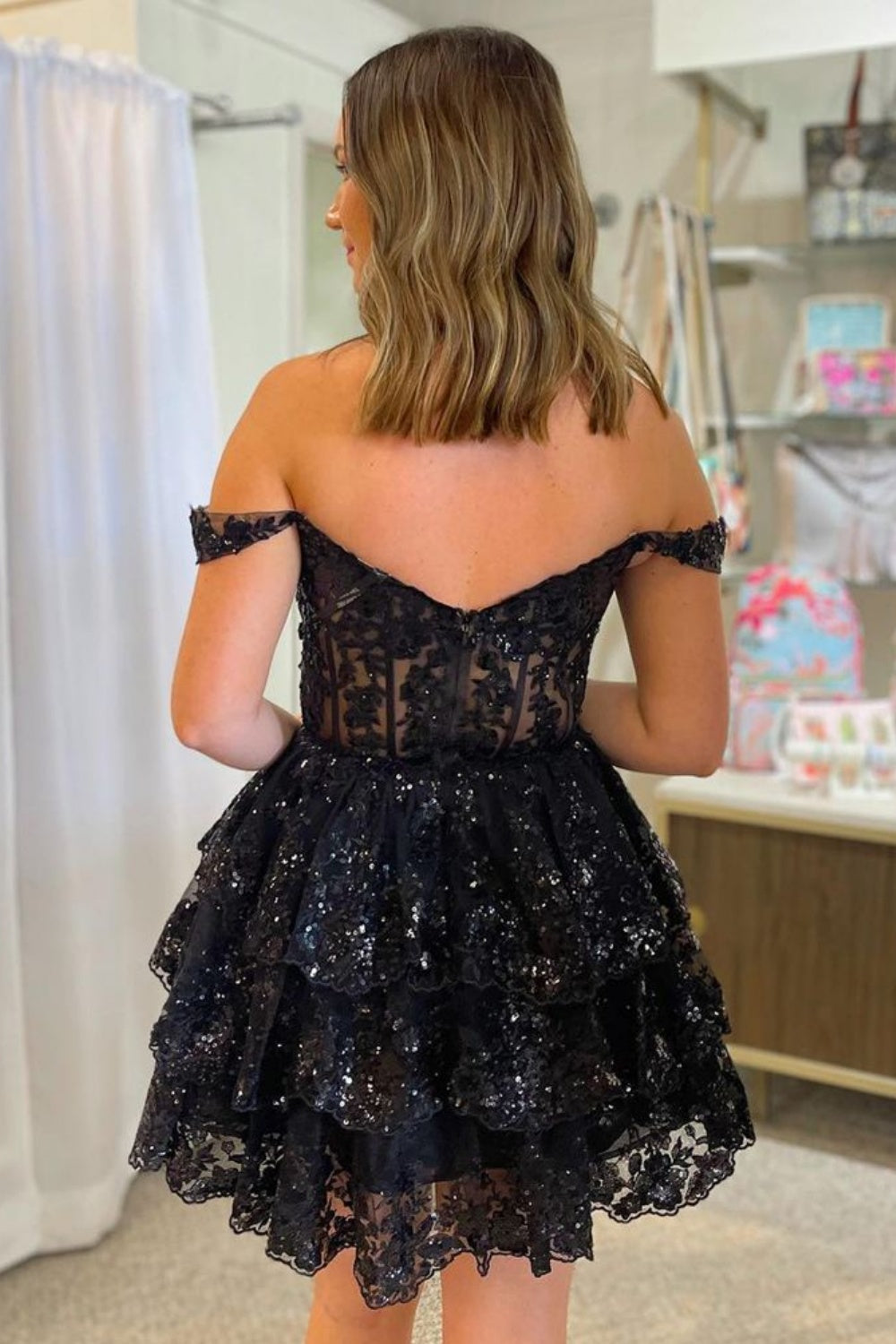 Navy Blue Off The Shoulder Lace Short Homecoming Dress