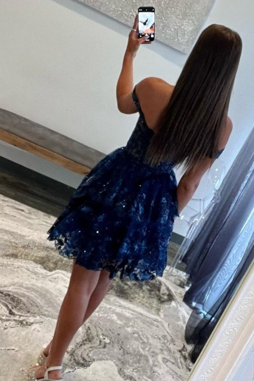 Navy Blue Off The Shoulder Lace Short Homecoming Dress