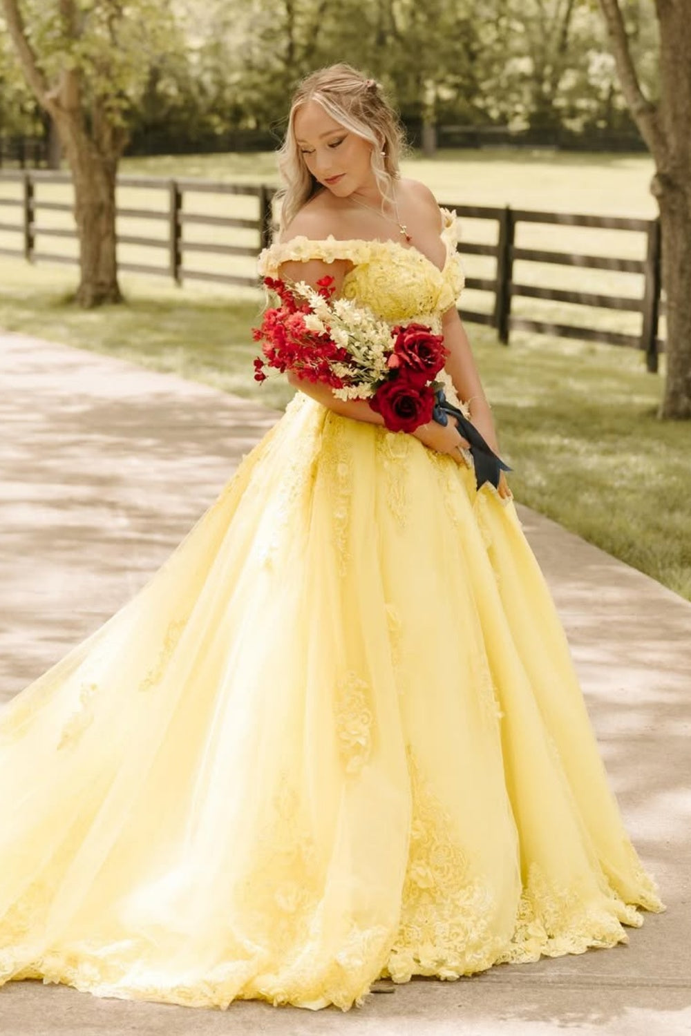 Yellow Off-the-shoulder Lace Applique Lace-up Prom Dress