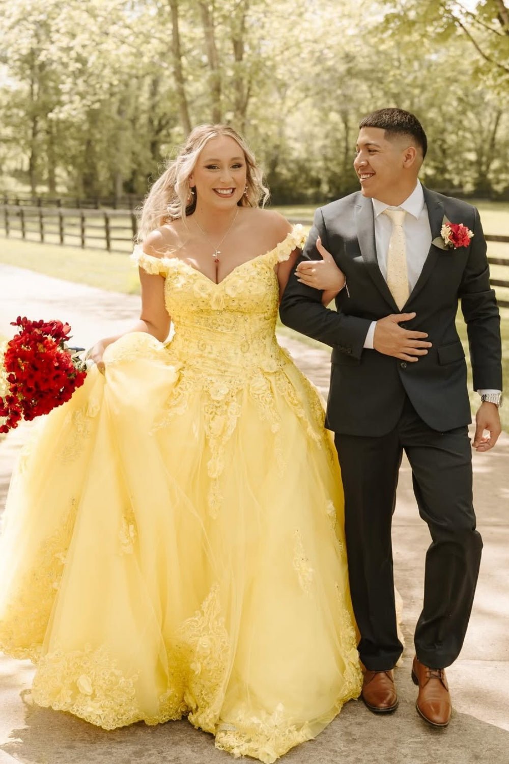 Yellow Off-the-shoulder Lace Applique Lace-up Prom Dress