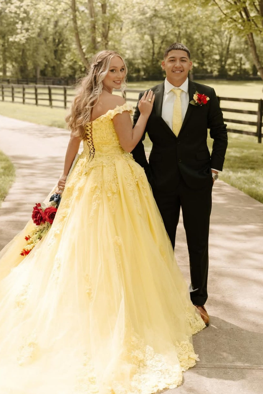 Yellow Off-the-shoulder Lace Applique Lace-up Prom Dress