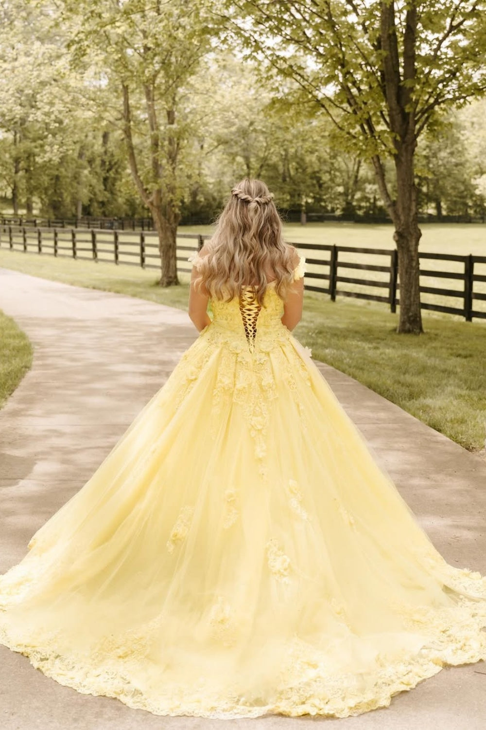 Yellow Off-the-shoulder Lace Applique Lace-up Prom Dress