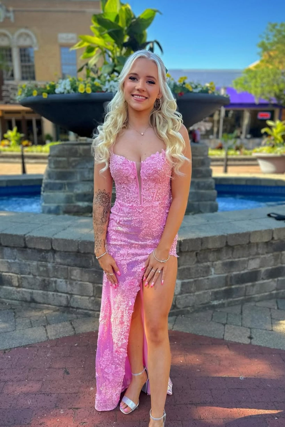 Sequin Lace Mermaid Spaghetti Strap Prom Dress with Slit in Pink