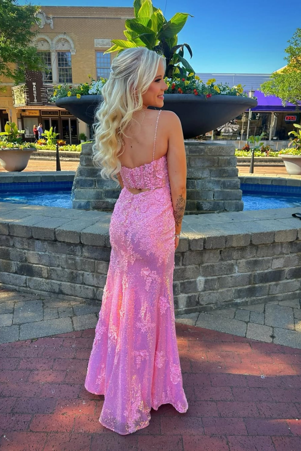 Sequin Lace Mermaid Spaghetti Strap Prom Dress with Slit in Pink