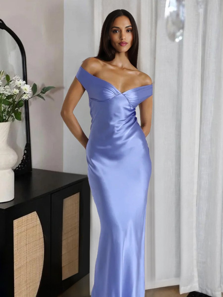 Off The Shoulder Sheath Satin Long Prom Dress in Purple