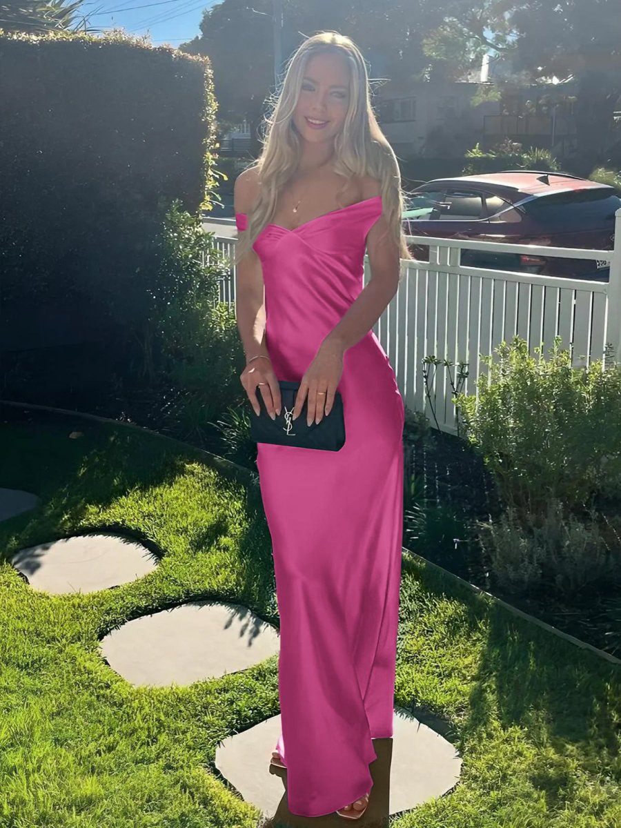 Off The Shoulder Sheath Satin Long Prom Dress in Purple