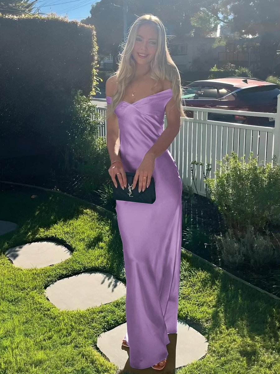 Off The Shoulder Sheath Satin Long Prom Dress in Purple