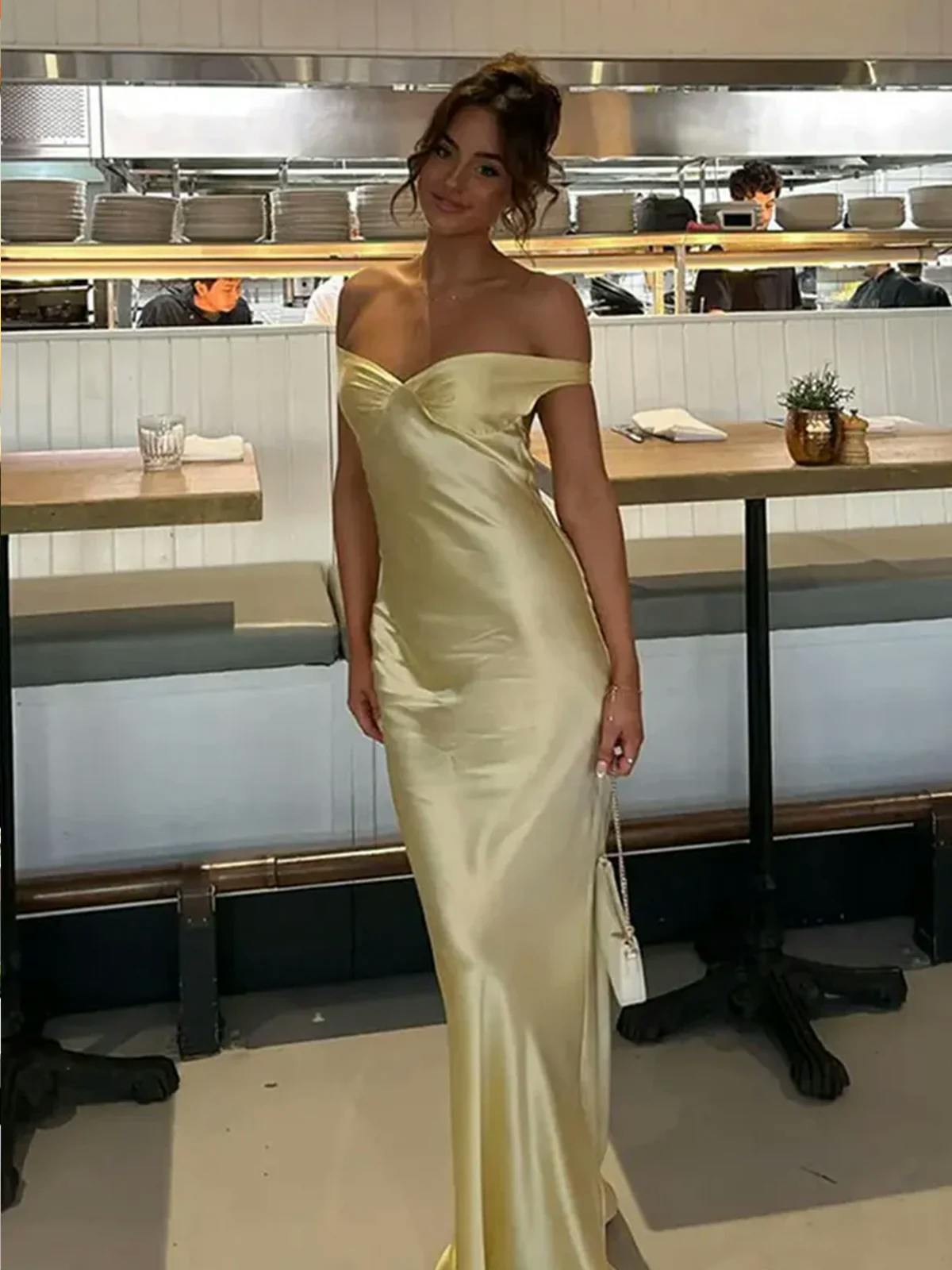 Off The Shoulder Sheath Satin Long Prom Dress in Purple