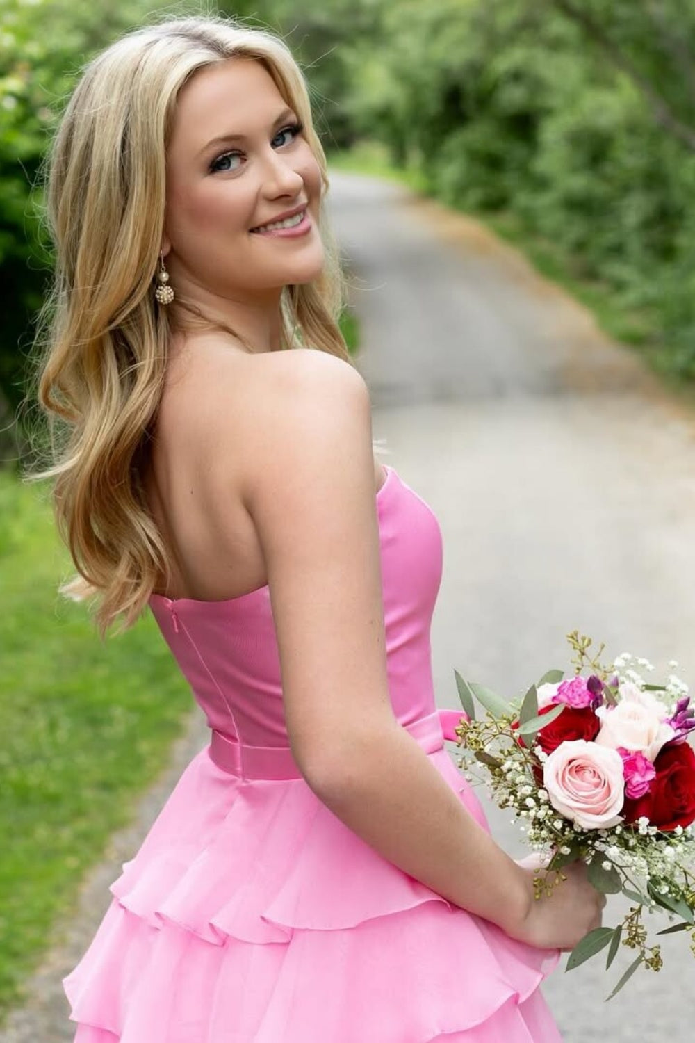 Srtapless A-line Ruffle Bow Prom Dress with Slit in Pink