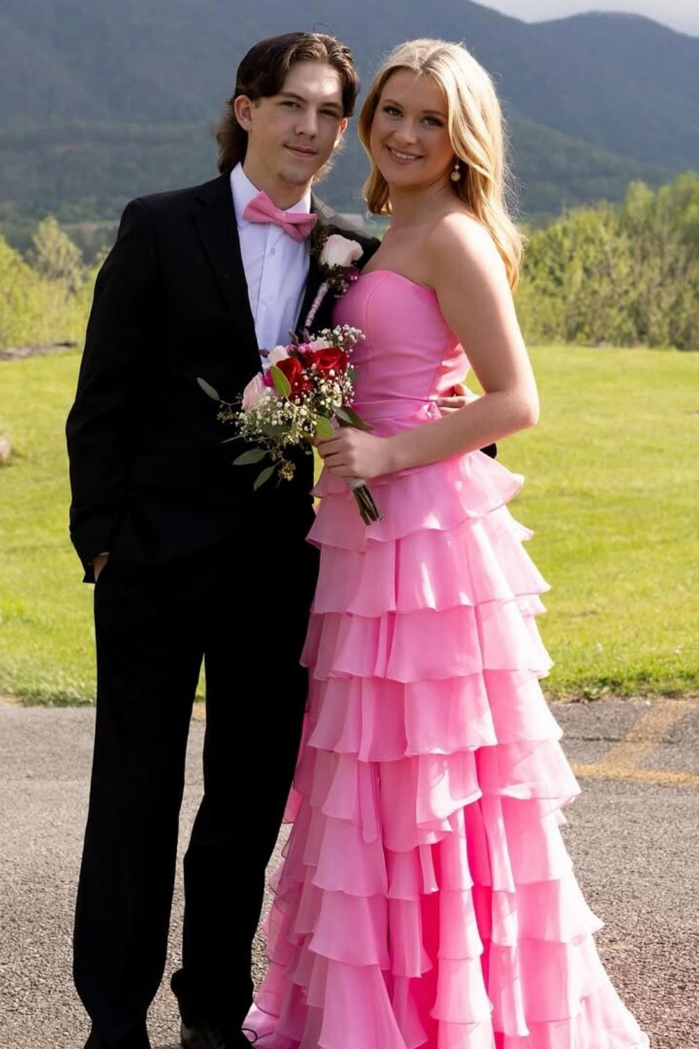 Srtapless A-line Ruffle Bow Prom Dress with Slit in Pink